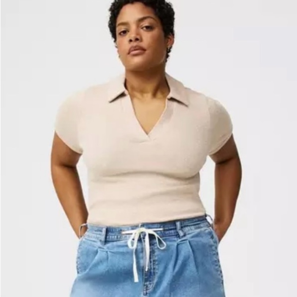 Torrid Collared Rib Knit V-Neck Short Sleeve Top Beige Stretch Plus Size 5XL
